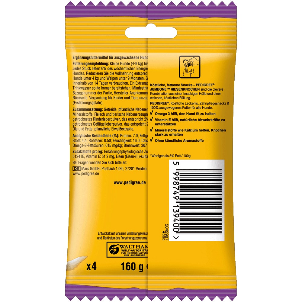 PEDIGREE® JUMBONE™ Riesenknochen Mini mit Rind und Geflügel Geschmack, 4 Stück