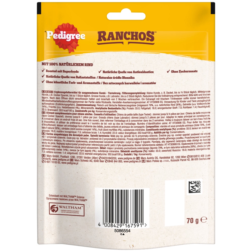 PEDIGREE® RANCHOS™ Superfoods mit Rind mit Heidelbeeren & Vollkorn, 70g