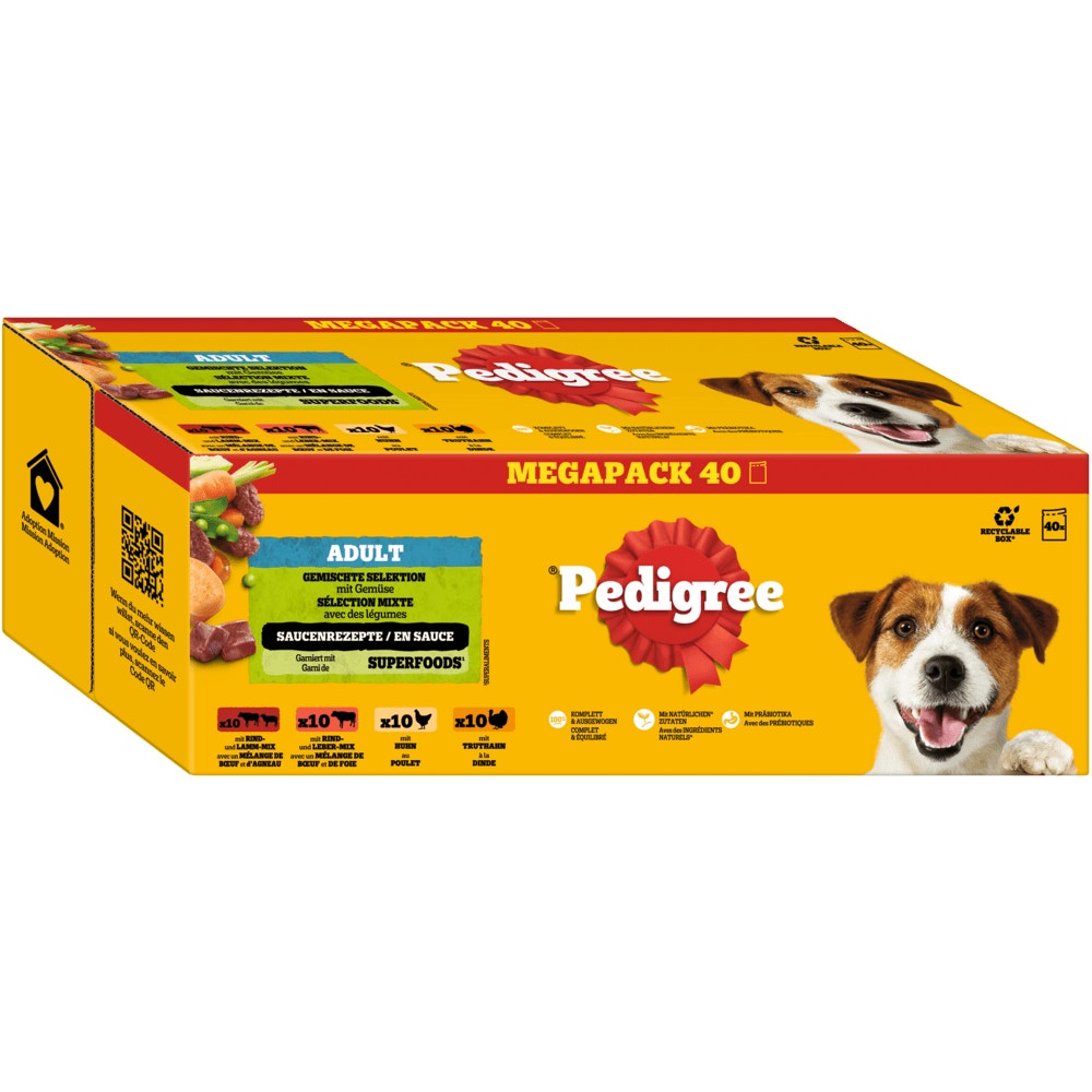 PEDIGREE® Multipack Portionsbeutel Gemischte Selektion mit Gemüse 4 Varietäten Rind- und Lammmischung, Rind- und Lebermischung, Huhn, Truthahn in Sauce 40x100g