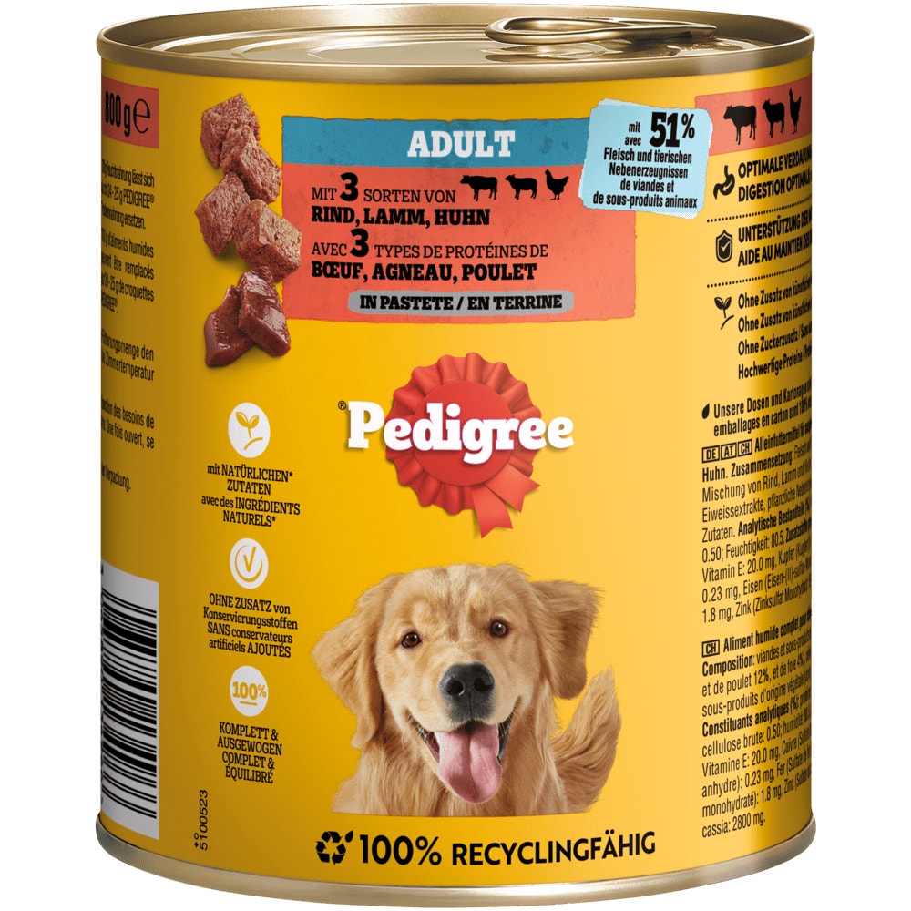 PEDIGREE® mit 3 Sorten Rind, Lamm & Huhn in Pastete, Dose 800g