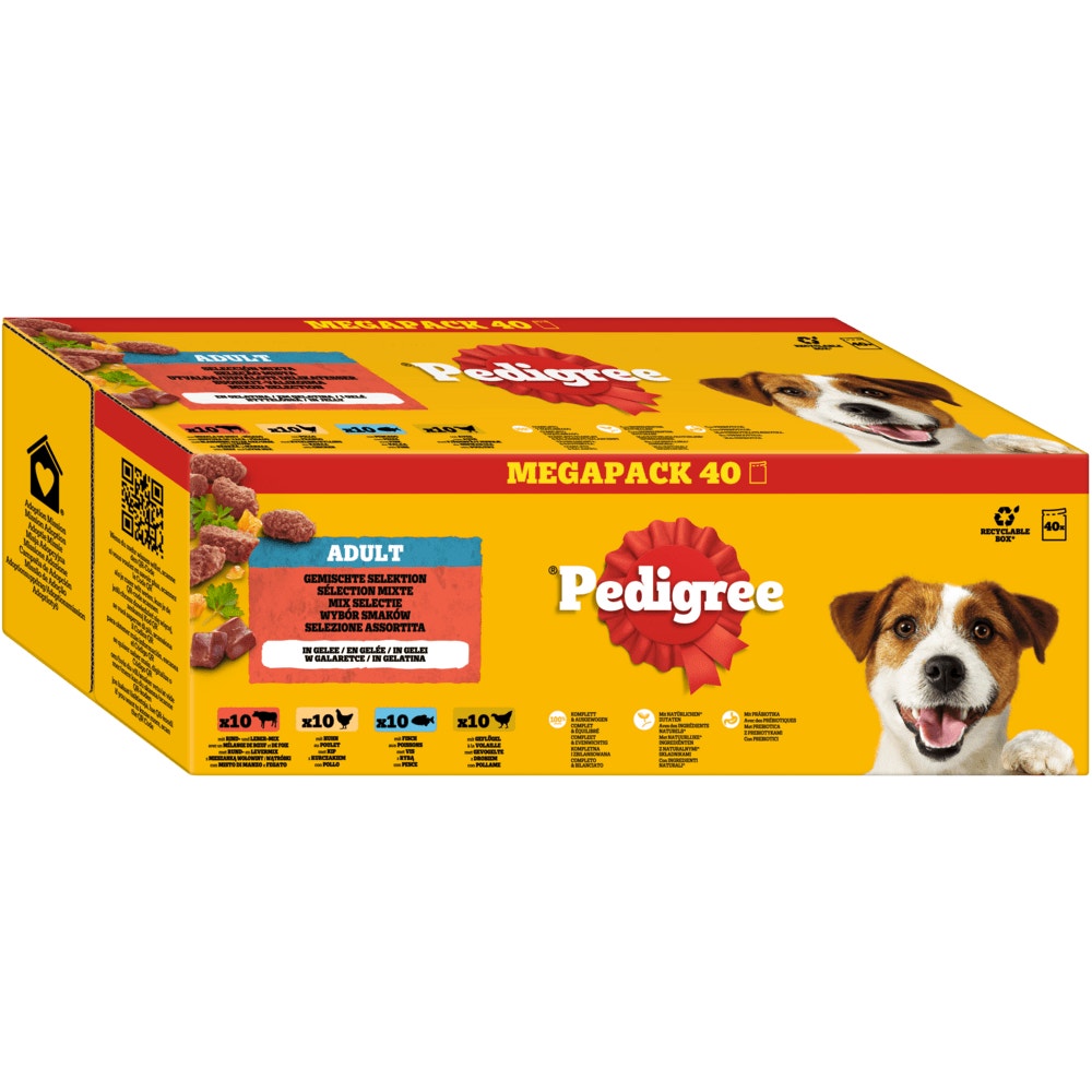 PEDIGREE® Multipack Portionsbeutel Gemischte Selektion 4 Varietäten Rind- und Lebermischung, Huhn, Fisch, Geflügel in Gelee 40x100g