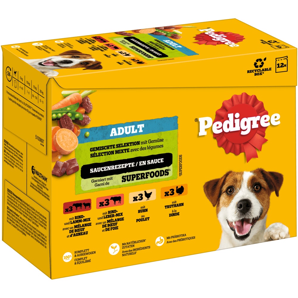 PEDIGREE® Gemischte Selektion in Sauce 4 Varietäten, Portionsbeutel 12 & 80 x 100g