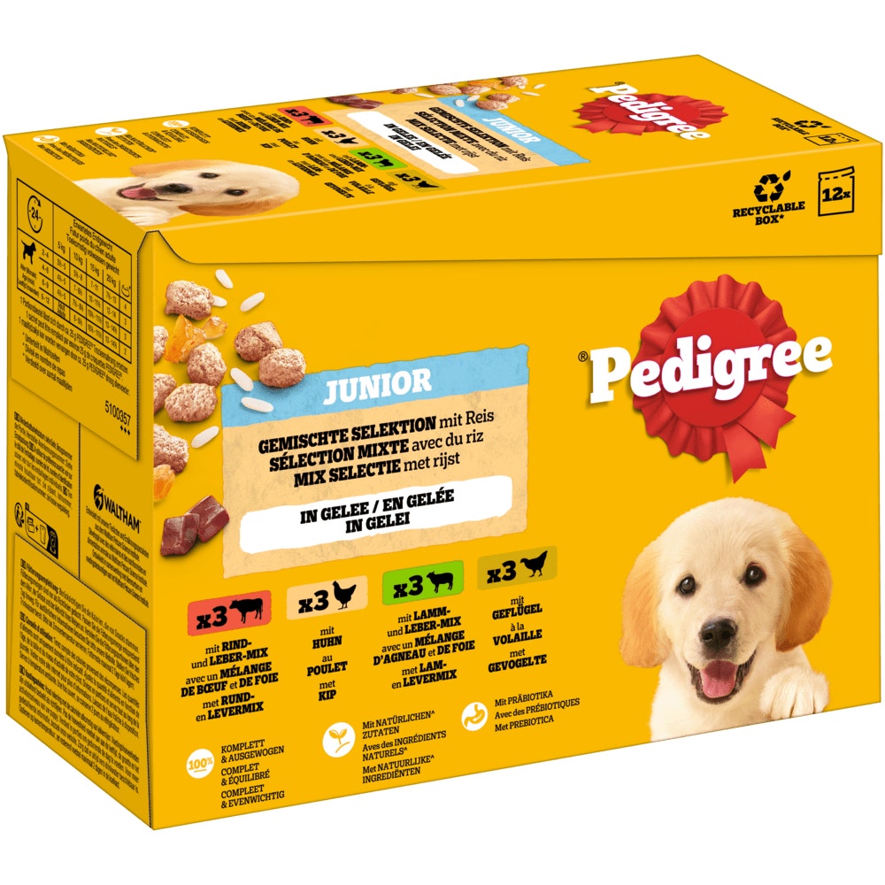 PEDIGREE® Multipack Portionsbeutel Junior Gemischte Selektion mit Reis 4 Varietäten Rind- und Lebermischung, Huhn, Lamm- und Lebermischung, Geflügel in Gelee 12x100g