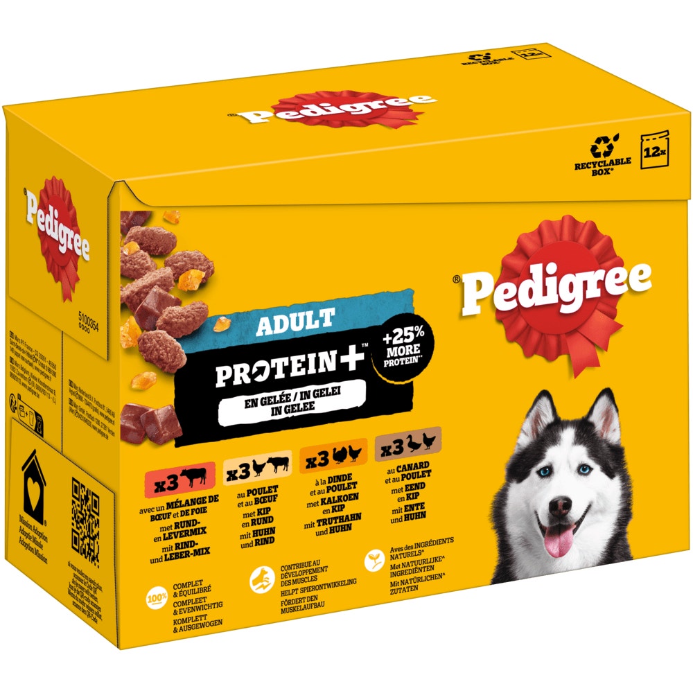 PEDIGREE® PROTEIN+™ Multipack Portionsbeutel 4 Varietäten Rind- & Leber-Mix, Huhn & Rind, Truthahn & Huhn, Ente & Huhn in Gelee 12x85g