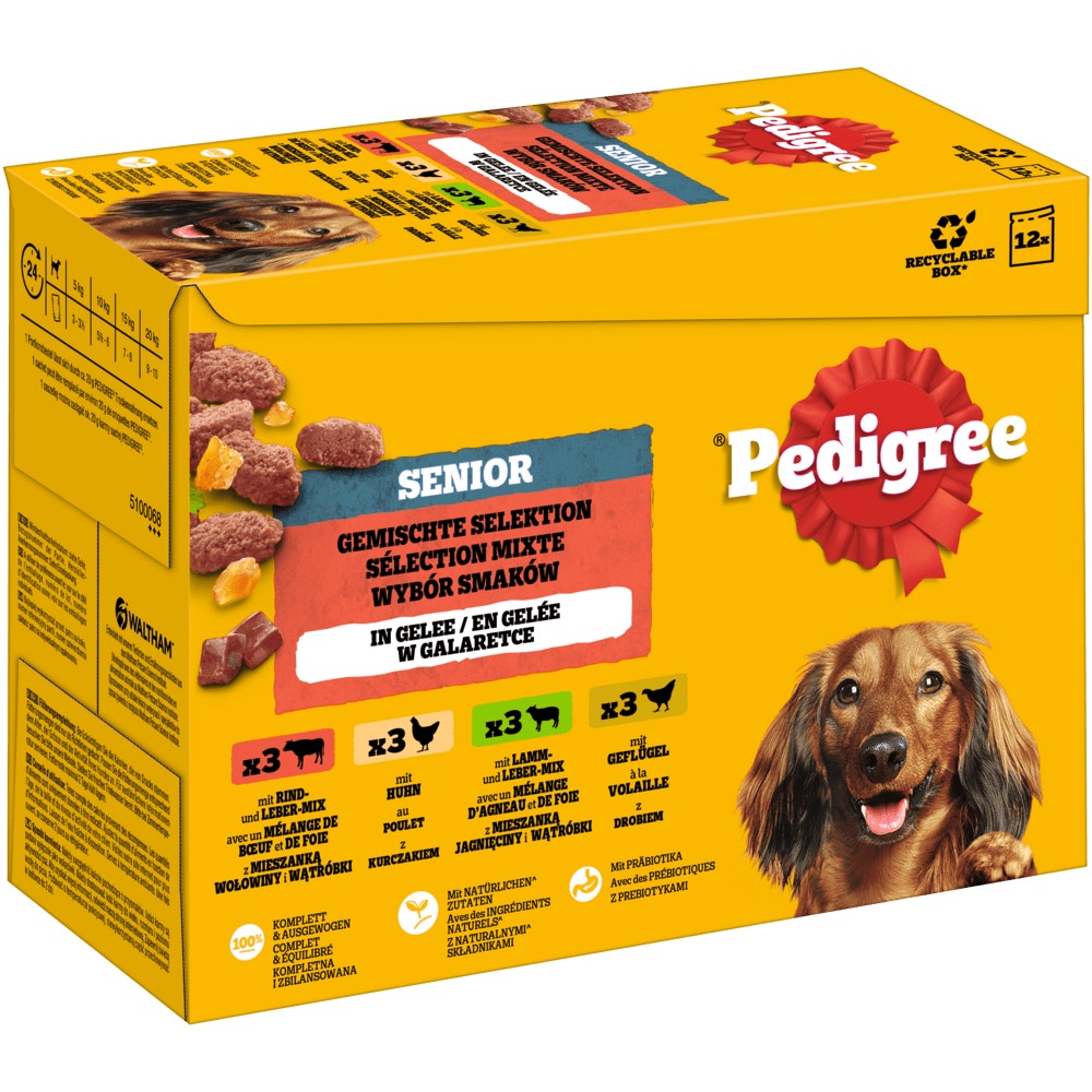 PEDIGREE® Multipack Portionsbeutel Senior Gemischte Selektion 4 Varietäten Rind- und Lebermischung, Huhn, Lamm- und Lebermischung, Geflügel in Gelee 12x100g