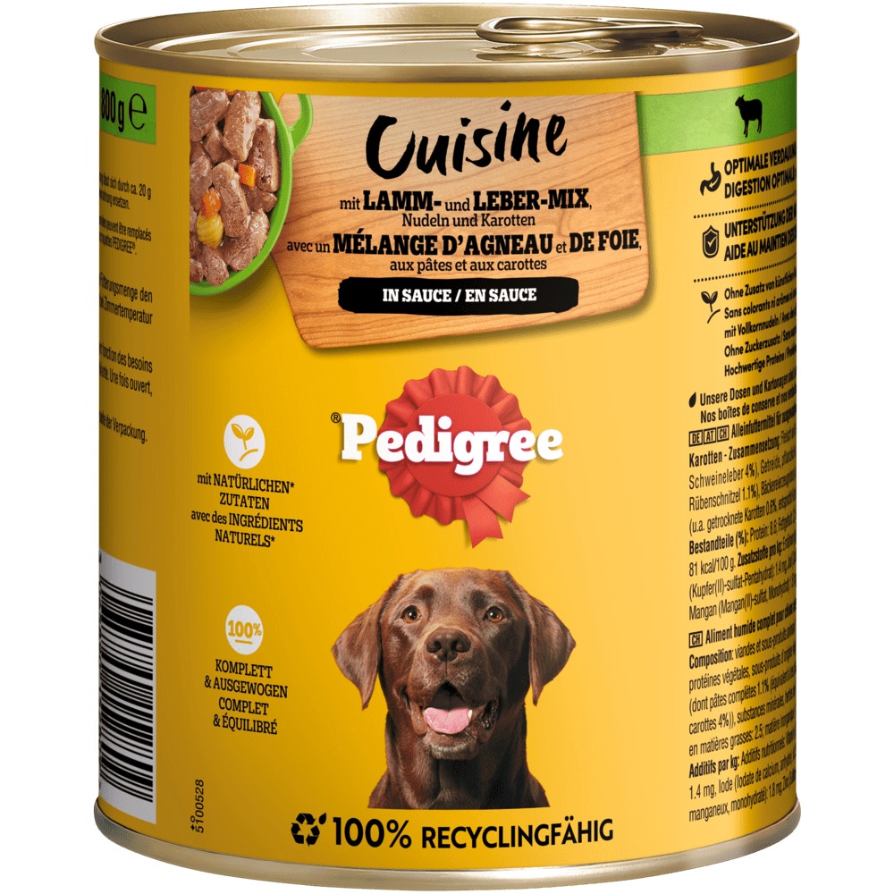 PEDIGREE® Cuisine in Sauce mit Lamm, Leber, Nudeln & Karotten, Dose 800g